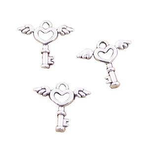Antique silver metal flying key charms with heart patterns and wings for DIY jewelry
