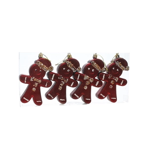 Set of 4 burgundy gingerbread man Christmas ornaments with matte and glitter finish