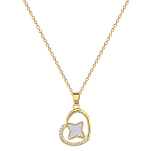 Gold plated heart pendant necklace with star zircon inlay and white mother of pearl inlay