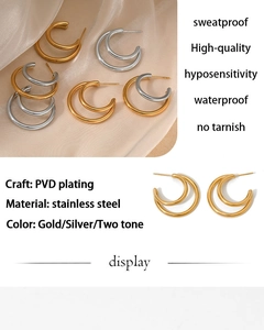 Detail of C-shaped double hoop stainless steel earrings showing colors and features