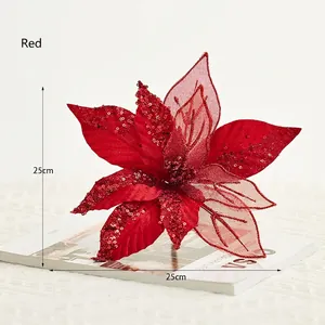 25cm red glitter poinsettia artificial flower for Christmas tree decoration and DIY crafts