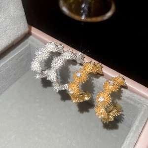 Detailed close-up of sparkling flower cluster C-shaped earrings in gold and silver plating
