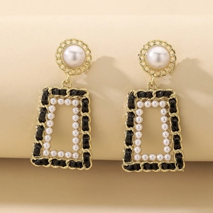 Vintage Geometric Rectangular Drop Earrings With Faux Artificial Pearl And Woven Leather 925 Sterling Silver Earring Post For Women