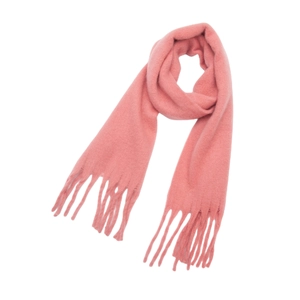 Artistic layout of a thick pink mohair scarf with tassels on a clean white background