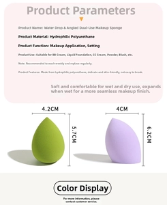 Detailed size chart for teardrop and slanted makeup sponges in green and purple