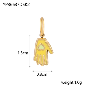 Golden hand-shaped stainless steel pendant with green heart enamel and dimensions