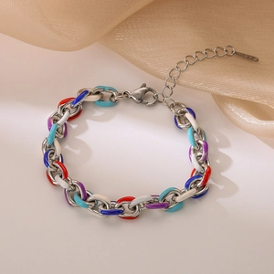Chic multi-color enamel cuban link bracelet in stainless steel with adjustable lobster clasp