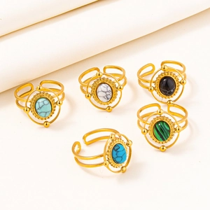 5-piece vintage bohemian gold plated stainless steel adjustable ring set with oval gemstones