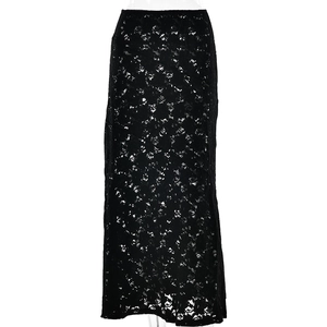 Close-up of intricate black lace patterns and high-waisted texture on the skirt
