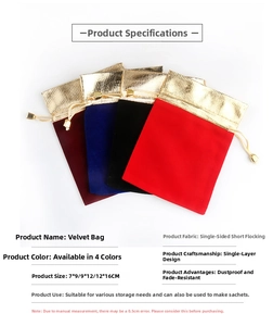 Close-up of velvet drawstring jewelry pouches in four colors with gold trim detail
