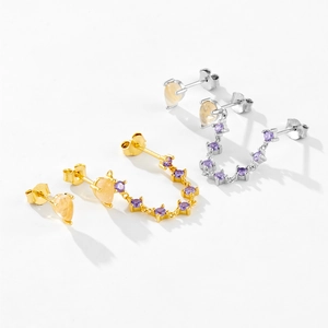 Long S925 silver fringe earrings with yellow teardrop gems and purple zircons