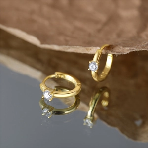 Classic gold S925 sterling silver hoop earrings with clear four-prong round zircon stones
