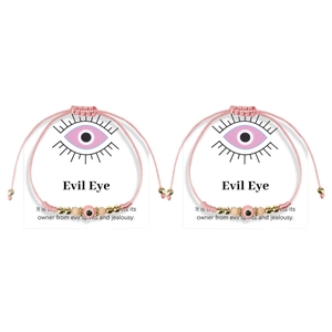 Pink evil eye braided bracelet set with adjustable double strand cord for women