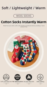 Detail of four pairs of cotton Christmas crew socks featuring Santa and festive patterns