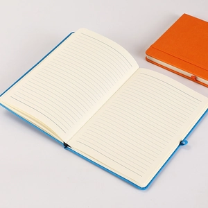Hardcover leather journal with elastic strap and bookmark in blue and orange