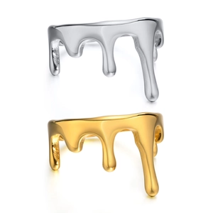 Lava drip design stainless steel rings in gold and silver finish on white background