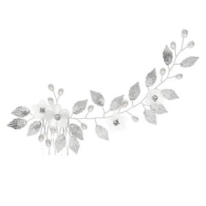 Silver bridal hair comb with elegant metal leaves, white flowers, and lustrous pearls