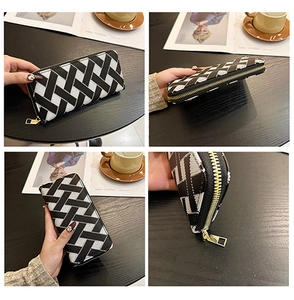 Detailed views of a long zip wallet with black and white geometric woven pattern
