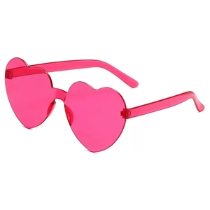 Translucent magenta heart shaped rimless sunglasses in a stylish one-piece plastic design