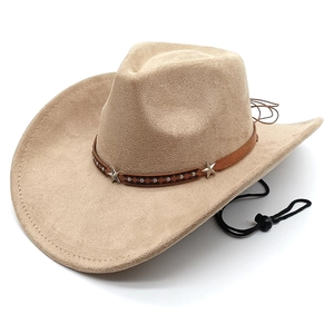Classic light brown western cowboy hat with star studded leather band on white background