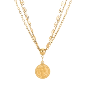 Dreilagige goldene Edelstahl-Halskette mit Vintage-Königin-Elisabeth-II.-Münzanhänger