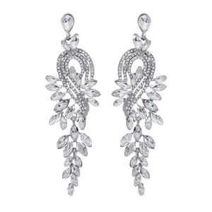 Detail of silver long tassel earrings with sparkling rhinestones and crystal leaf drops