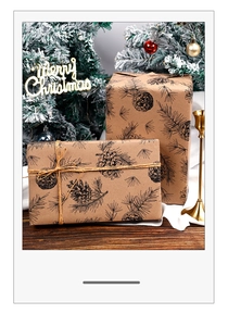 Detail of kraft paper gift wrap featuring pine cones and needles with twine ribbon