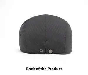 Rear view of dark grey striped newsboy hat with metal buckle detail on white background
