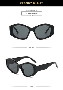 Classic black cat-eye sunglasses with geometric hexagonal frame shown in front and side views