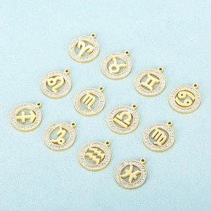 Zodiac Sign Charms Stainless Steel Rhinestone Circular Cutout Constellation Pendants For DIY Jewelry Making Necklaces