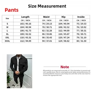 Detailed size chart for men's twill trousers showing measurements from S to XXXL in CM and INCH