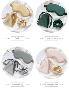 Detailed set of satin sleep mask, drawstring bag, and scrunchie in four elegant colors