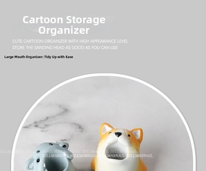 Macro detail of cartoon hippo and corgi resin desktop organizers for nail art accessories