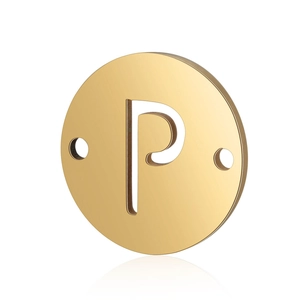 Detailed macro of golden stainless steel round pendant with hollow letter P and dual holes