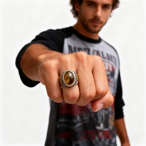 Vintage stainless steel ring for men with tiger eye stone and flame engraving patterns