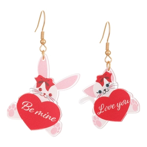 Pink acrylic cat and rabbit drop earrings with heart motifs and romantic text charms