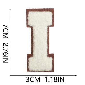 Detailed view of white chenille letter I patch with dimensions 7cm by 3cm on white background