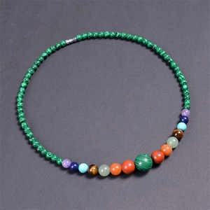 Detail of bohemian necklace with 6mm colorful natural stones including malachite and quartz