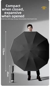 Detail view of large 125cm black automatic umbrella showing open and closed dimensions