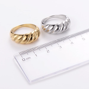 18K gold vacuum plated stainless steel tire tread ring shown with size measurement scale