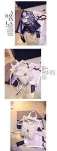 Detailed views of transparent PVC jelly backpack with drawstring inner bag and metal clasp