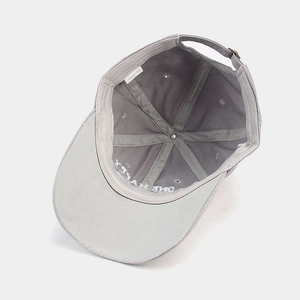 Adjustable light grey cotton golf cap with ONE HAPPY embroidery and metal buckle closure