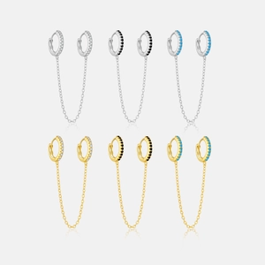 925 Sterling Silver Double Piercing Hoop Earrings With Tassel Chain High-end Fashion Rhinestone Ear Buckle For Women Jewelry