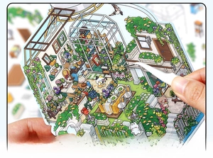 Close-up of using tweezers to place 2.5D miniature greenhouse stickers with cats and plants
