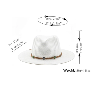 Detail view of white straw fedora hat with braided brown cord and decorative beads