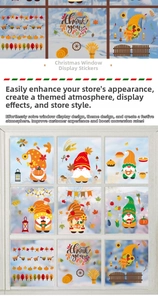 Detailed view of Christmas gnomes and autumn maple leaf static window cling decals
