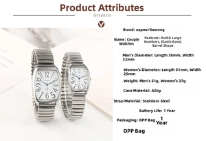 Spécifications des montres couple tonneau avec grands chiffres et bracelet élastique