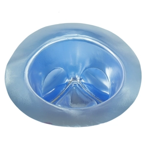 Blue adjustable baby shower cap with wide brim for ear and eye protection from water