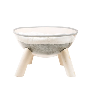 Transparent hemisphere cat bed with solid wood legs and white plush cushion