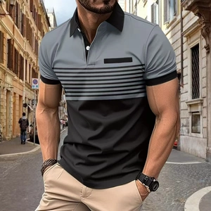 Close-up of a men's gray and black striped polo shirt featuring a textured knit pocket